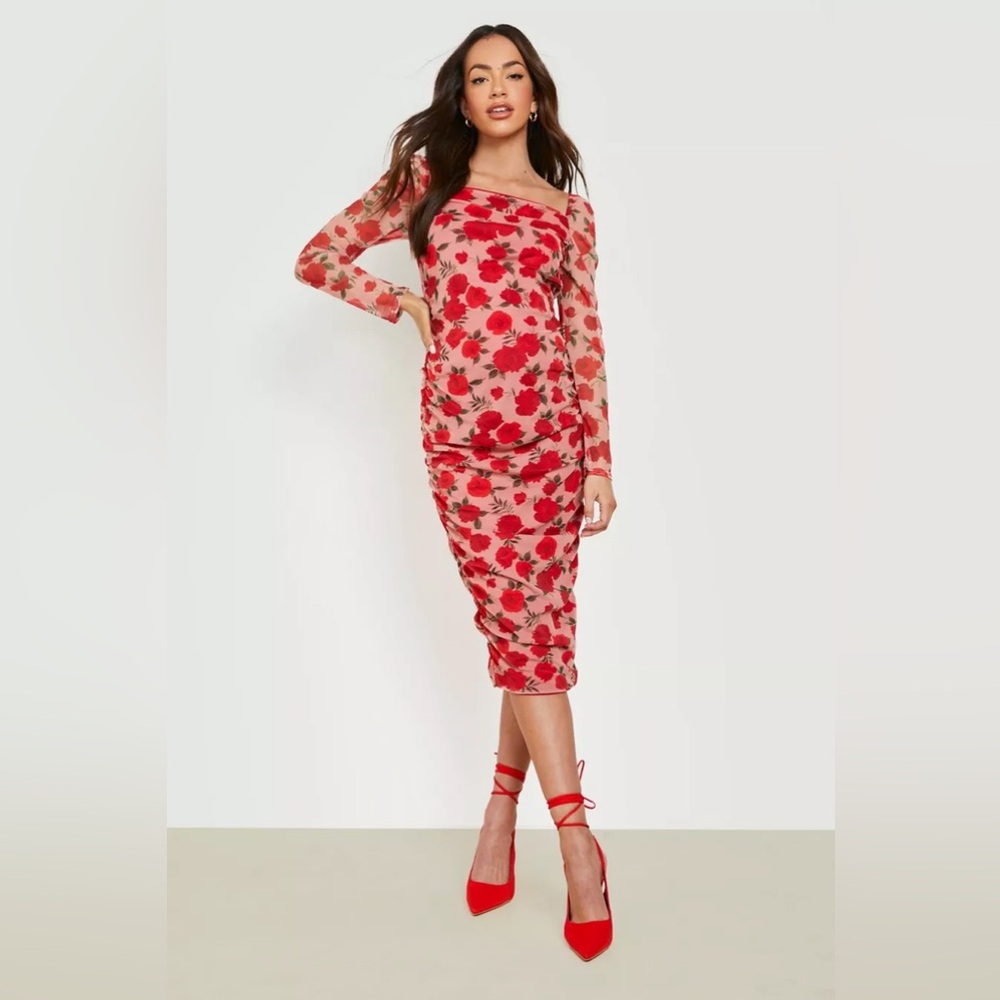 Boohoo Pink Red Floral Midi Dress